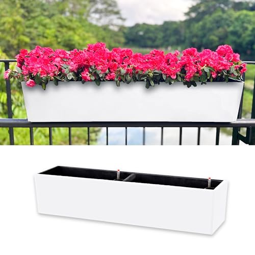 LaLaGreen Hanging Planter Boxes (1 Pack, 40") Large White Rectangular Window Flower Box with Bracket, Self Watering System Railing Planters for Outdoor Plant Container Deck Rail Fence Balcony Garden