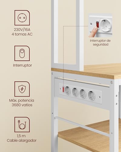 VASAGLE Estantería de Cocina con Multienchufe, Armario de Cocina, 40 x 80 x 180,4 cm, Estante de Microondas, Cajón de Tela, 12 Ganchos, Roble Dorado y Blanco Nube KKS015Y02 - imagen 6