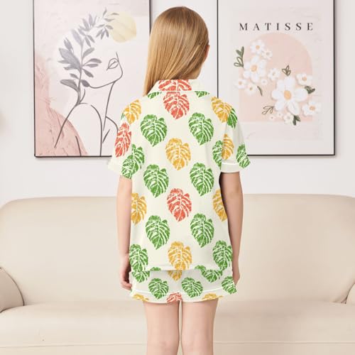 Retro Beautiful Leaves Abstract Pattern Summer Satin Pajama Set, Cute Button-Down Sleepwear Pj Set for Sleep Wears4