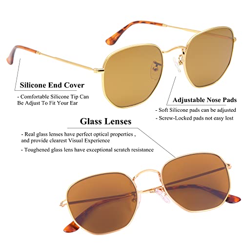 Image of Retro Glass Lens Hexagonal Sunglasses for Men Women Vintage Square Metal Frame Flat Lens Sun glasses