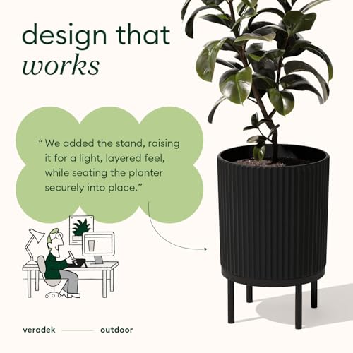 Image of Veradek Demi Series Round Planter w / Stand for Porch /Patio | Durable Plastic-Concrete & Wooden Stand | Modern Decor for Tall Plants, Flowers