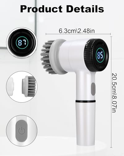 TIDEVAN 5 in 1 Elektrische Bürste, rotierend, kabellos, elektrische Bürste, Spin Scrubber mit 5 austauschbaren Bürstenköpfen, 3 Geschwindigkeiten, LED-Anzeige, für Badezimmer/Küche/Wand/Fliesen