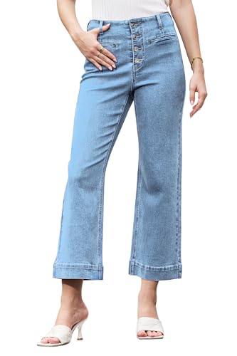 MONTVOO Women's Cropped Jeans Trendy Stretch High Waisted Denim Pants Straight Tummy Control Capri Button Fly Denim Jean