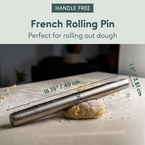 image for French Rolling Pin for Baking by Ultra Cuisine – Tapered Stainless S