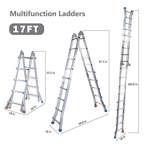 Extension Ladder, 17 Feet Aluminum Extension Multi-Position Ladder Adjustable Telescoping Ladder with Protective Lock and 2 Wheels