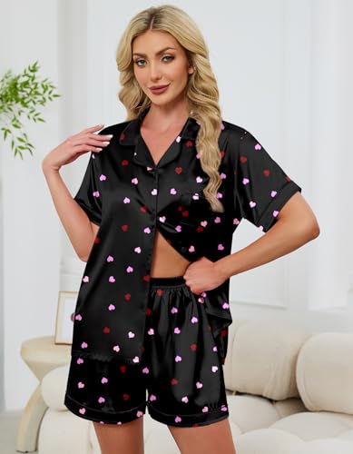 Image of Schbbbta Women Pajamas Set, 2 Pieces Satin Silk Button Down Pjs Short Sleeve Outfits Loungewear