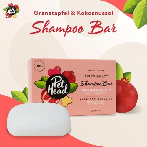 Pet Head Granatapfel-Hundeshampoo-Seife | Reinigung, Feuchtigkeit & Nährstoffe mit Kokosnussöl für weiches Glänzendes Fell | Tiergerecht | Natürliche Zutaten | Vegan | Ohne Parabene und Sulfate | 85g