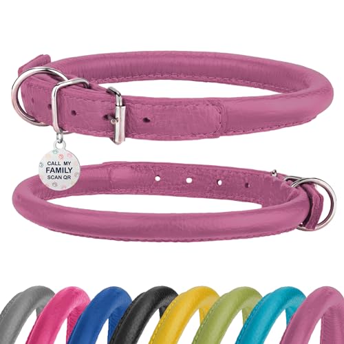 Rolled Leather Dog Collar with ID Tag, 9-12 inch, Rose
