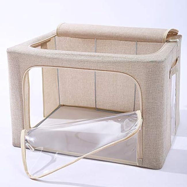 3Pack Foldable Storage Bins - Frame Storage Box Linen Fabric Stackable Clothes Container Organizer with Clear Window & Carry Handles Large Capacity (Large-66L, Beige)