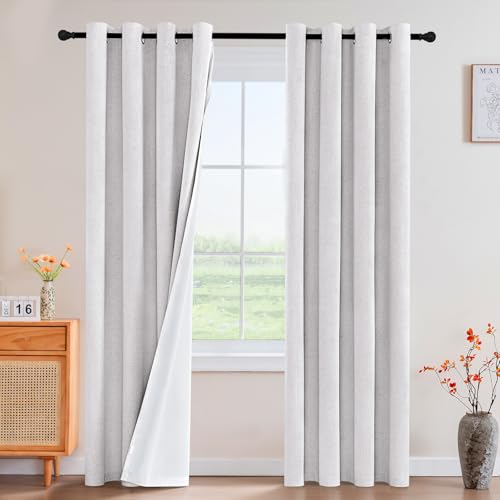 Image of PrinceDeco Blackout Curtains Linen Blended 96 Inch Long Room Darkening Black Out Curtains for Living Room with Natural Slubs & Grayish (Not Solid) Thermal Insulated Grommet 2 Panels - Heathered White
