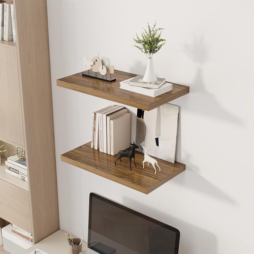Image of Dreamland 24 inch Floating Shelves for Wall, 12 inch Deep Slim Walnut Floating Shelves, Wall-Mounted Shelves for Bedroom, Living Room, Kitchen, Bathroom - Set of 2