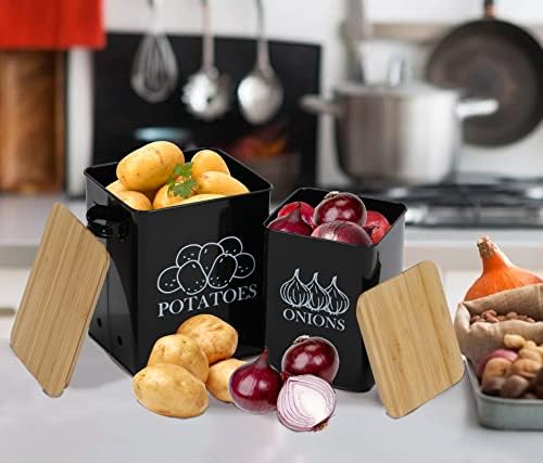 Kitchen Vegetable Storage Tins Set of 2 for Potatoes, Onion, with Wooden Lid Garlic Bin Caddy, Long Shelf Life-Black