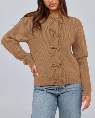 BTFBM Bow Cropped Cardigan Sweaters for Women 2026 Fall Winter Open Front Sweater Long Sleeve Button Fashion Spring Clothes(Khaki, Medium) — view 3
