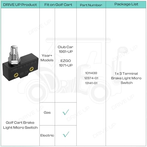 DRIVE UP Brake Light Micro Switch 3 Terminal Plunger Fits Club Car and EZGO OEM 12374 G1 13141G1 1011439 - Thumbnail 7
