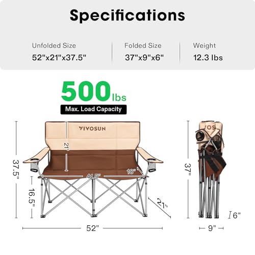 Image of VIVOSUN [outlets] Double Camping Chair, Fully Padded Folding Loveseat, Portable Oversized Duo Chair with Storage Cup Holders, Height-Adjustable Armrests & Carry Bag, Supports up to 500lbs