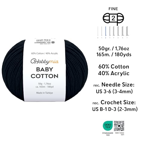 Image of Baby Cotton Blend Yarn - Soft Sport Weight Yarn for Crochet & Amigurumi - 50g /180yds - 60% Cotton 40% Acrylic - Ideal for Baby & Knitting Proj.(Black, 2 Balls)
