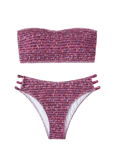 GORGLITTER Bikini Damen Set Zweiteiler Blumenmuster Bandeau Top und Bikinihose Cutout Badeanzug Sommer Boho Strandmode Swimsuits Violett S-4