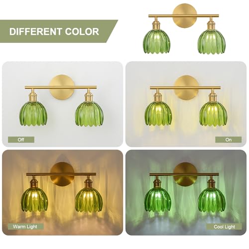 Image of Gold Bathroom Light Fixtures Over Mirror, 2 Light Bathroom Vanity Light with Tulip Green Glass Lampshade, Vintage Vanity Lights for Bathroom Living Room Hallway