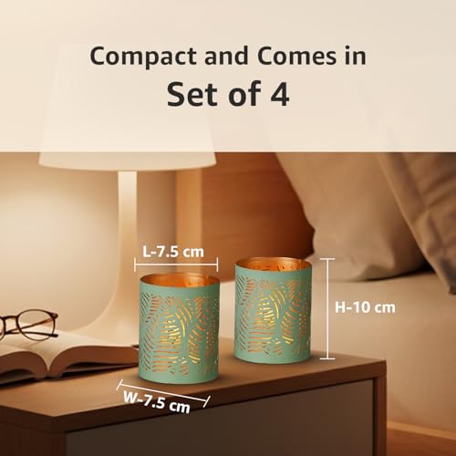 Image of Amazon Brand - Solimo Tea Light Votive - Round Leaf Design, Sea Green Iron with Gold Interior, Set of 4 (Size: L-7.5 cm x W-7.5 cm x H-10 cm)