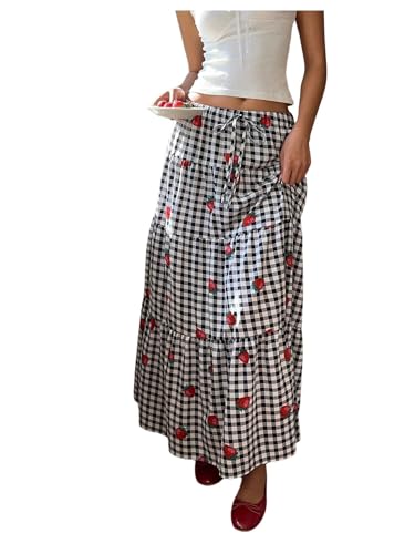 Verdusa Women's Plaid Maxi Skirt Y2k Checkered Strawberry High Waisted A Line Long Skirt