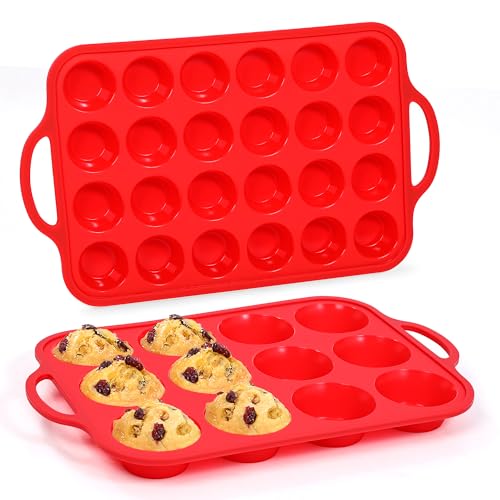 CAKETIME Silicone Muffin Pans for Baking, Metal Reinforced Frame Regular 12 Cups & Mini 24 Cups Cupcake Pan Set Nonstick Muffin Pan for Homemade Baking Easy to Handle