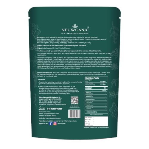 Image of Neuwganic - Organic Mint Leaf Powder - Pudina Powder - India Organic and Usda Certified - Ideal for Cooking, Seasoning & Cosmetics Use - 200 Gm Pack of 3