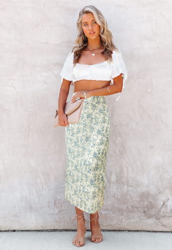 Image of HERBATOMIA Women's Floral Print Midi Skirt Casual High Elastic Waist Zipper Vintage Long Boho Skirts for Women