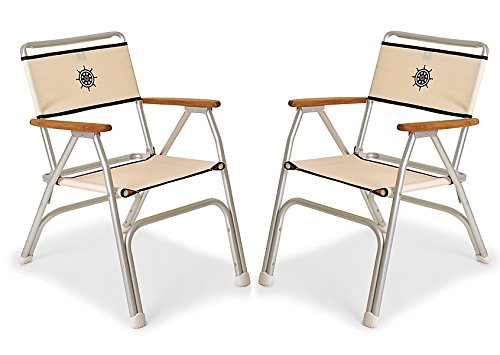 FORMA MARINE Boat Chairs White Deck Folding Marine Aluminum Teak Furniture Set of 2 M100W