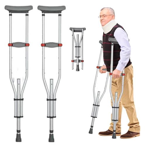 Muletas para axilas, 1 par de apoyos para antebrazos de aluminio con suaves almohadillas de agarre, altura ajustable, soporte para axilas, soporta hasta 150 kg, muletas plegables para discapacitados