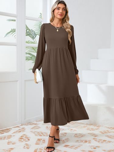 Women's Casual Long Sleeve Midi Dress 2024 Fall Crewneck A Line Tiered Flowy Loose Trendy Dresses with Pockets3