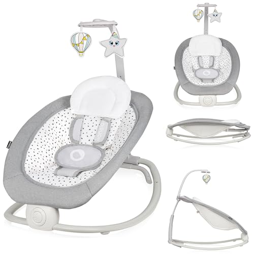 LIONELO Pascal Baby Wippe, sanfte Vibrationen, 5 Melodien, Spielzeugkarussell mit interaktiven Plüschtieren, Kopfkissen, verstellbare Rückenlehne, Energiesparsystem