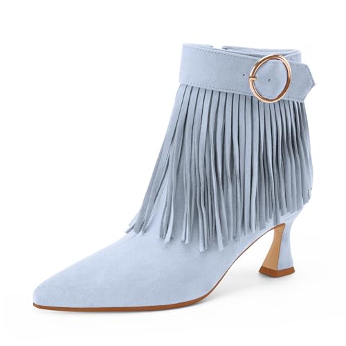 Women's Fringe Boots Kitten Heel Booties Black Classic Pointed Toe Ankle Short Boots with Side Zipper