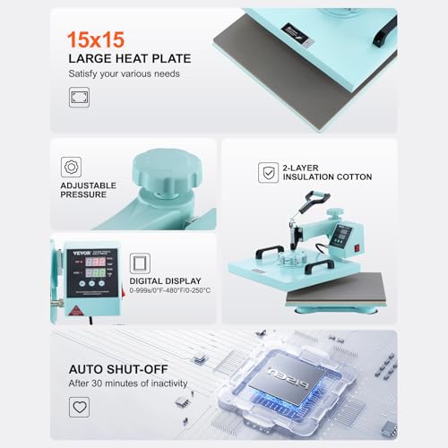 Image of VEVOR 15x15 Heat Press Machine 8 in 1 Combo with 30 OZ Tumbler Press & Hat Press, Slide Out Heat Press Sublimation Machine for T-Shirts, Hats Caps Tumblers Glass Cans Mugs, and Plates (Light Green)
