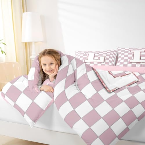 Image of Erosebridal Pink Initial L Comforter Set Full Kawaii Plaid Checkered Bedding Set Cute Personalized Monogram Comforter for Kids Girls Teen Women,Fashion Grids Gingham Quilt Duvet