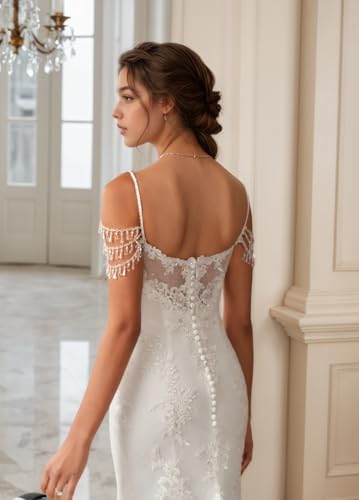 Off Shoulder Tulle Wedding Dresses for Bride 2025 Mermaid Laces Applique V Neck Spaghetti Straps Bridal Gown with Train 5