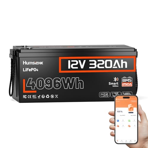 HumsiENK 12V 320Ah LiFePO4 Lithium Battery with Bluetooth, 250A BMS,15000+Cycles 320Ah LiFePO4 Battery, IP65 & Low Temp Protection, 4096Wh Higher Energy Perfect for RV, Off-Grid, Boats, Solar Energy