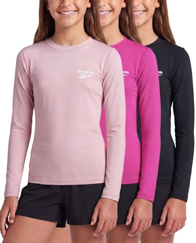 Image of Reebok 3 Pack: Girls' Long Sleeve Rashguard Swim Shirt, UPF Sun Protection Rasghguard Swimsuit for Kids Teens Tweens