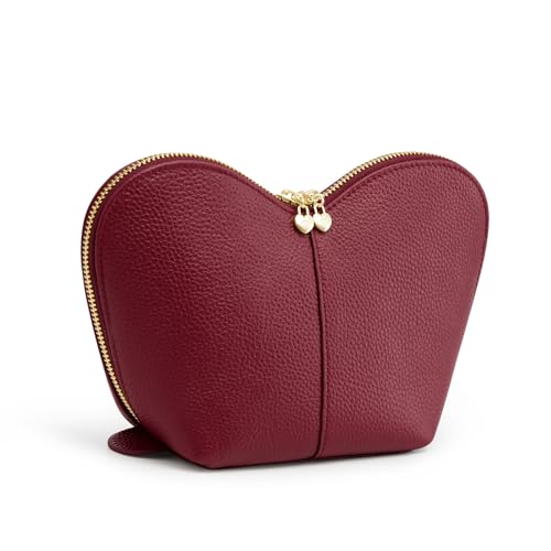 Kattee Leather Makeup Bag, Travel Large capacity Comestic Bag for Women, Heart Shaped Portable Organizer Toiletry Bag for Working,Wine Red2