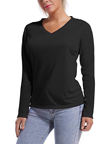 BUBBLELIME 4 Stile Damen LSF 50+ Sonnenschutz Workout T-Shirt Athletic Tops Schnell Trocken Sport Outdoor (Long/Short Sleeve), V-Ausschnitt L/S _ schwarz (1), Mittel Cover