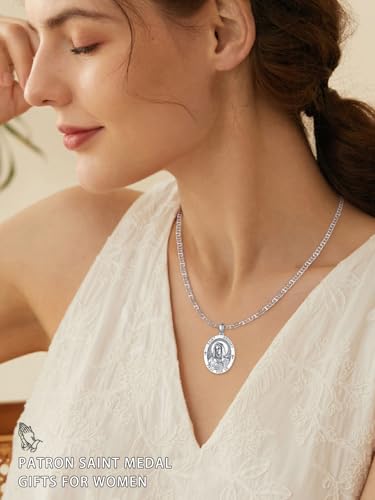 Patron Saint Medals, 925 Sterling Silver Catholic Pendant Necklaces, Christian Jewelry Religious Gifts for Women with 22"+2" Mariner Chain2