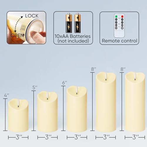 Image of Homemory Outdoor Waterproof Flameless Candles, LED Candles, Battery Operated Candles with Remote and Timers, Electric Fake Plastic Pillar Candles, Dark Ivory, D3 H4 5 inch 6 inch 8 inch 8 inch, Set of 5