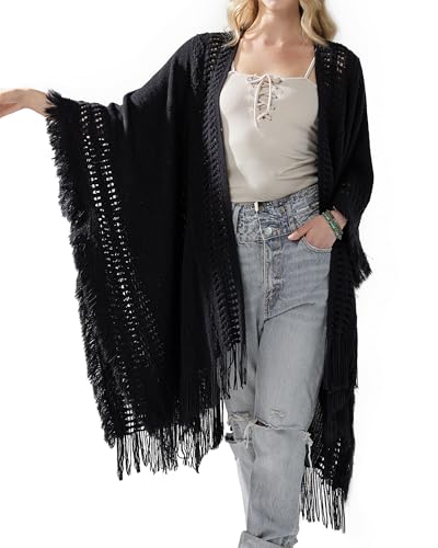 noflik Women's Boho Open Front Fringe Poncho Shawl Sweater Cardigan Long