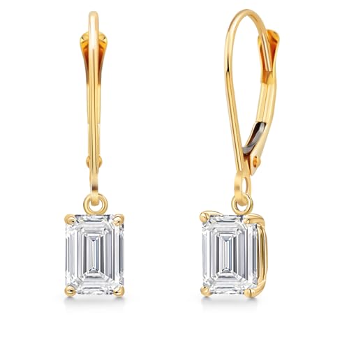 Gem Stone King 14K Yellow Gold Gemstone Birthstone Leverback Drop Dangle Earrings for Women | Emerald Cut 6X4MM | Fine Gold Jewelry Earrings for Her Mom Wife