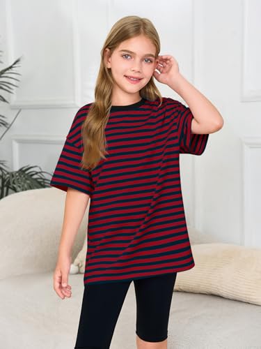 Image of Haloumoning Girls Striped Short Sleeve T Shirts Kids Summer Oversized Tops Casual Crewneck Tees 5-14 Years