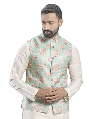 Elina fashion Men's Indian Cotton Kurta Pajama And Printed Nehru Jacket (Waistcoat) Indian Wedding Ethnic Diwali Puja Set3