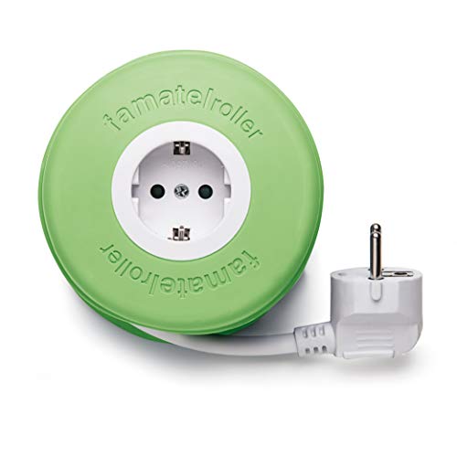 Famatel 2992-G Roller | Enrollable con 1 Toma | 2 Metros | con Material de Silicona | Protección Infantil | con una Alta flexibilidad y Resistencia | Verde