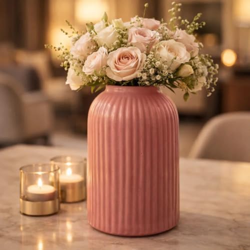 Image of SPHINX Ribbed Pipe Ceramic Vase, Flower Vase, Pampas Grass Vase, Vase for Money Plant Live Plants for Home, Office, or Gifts NO Flowers- (Glossy Pink, 6 inch)