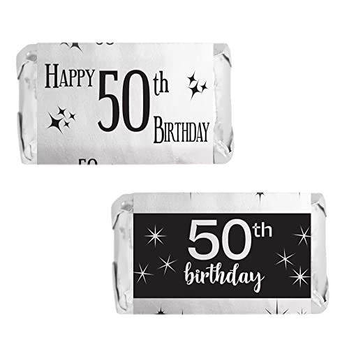 50th Birthday Mini Candy Bar Wrappers – 45 Black and Silver Foil Stickers – Chocolate Labels for 50th Birthday Party Favors – Shiny Party Candy Decorations for Men or Women