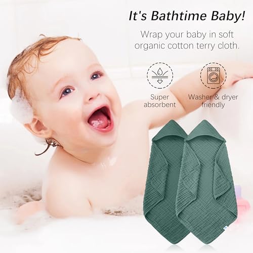 Image of SWEET DOLPHIN Muslin Hooded Baby Bath Towels - 2 Pack 100% Cotton Towel for Babies, Infants, Toddlers - 32x32Inch - Highly Absorbent and Newborn Essential, Deep Emerald