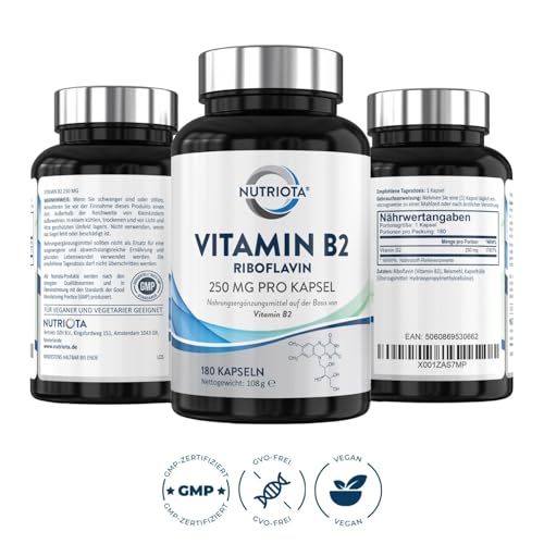 Vitamin B2 (Riboflavin) Hochdosierte 250 mg Kapseln – 180 Kapseln – veganfreundlich – von Nutriota